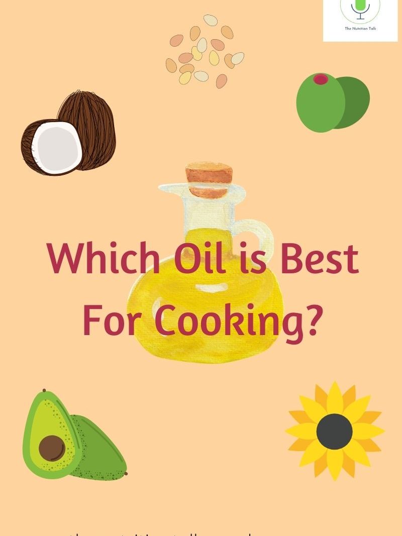 Illustration of various cooking oils including olive, avocado, coconut, and sunflower, with text asking 'Which Oil is Best For Cooking?'