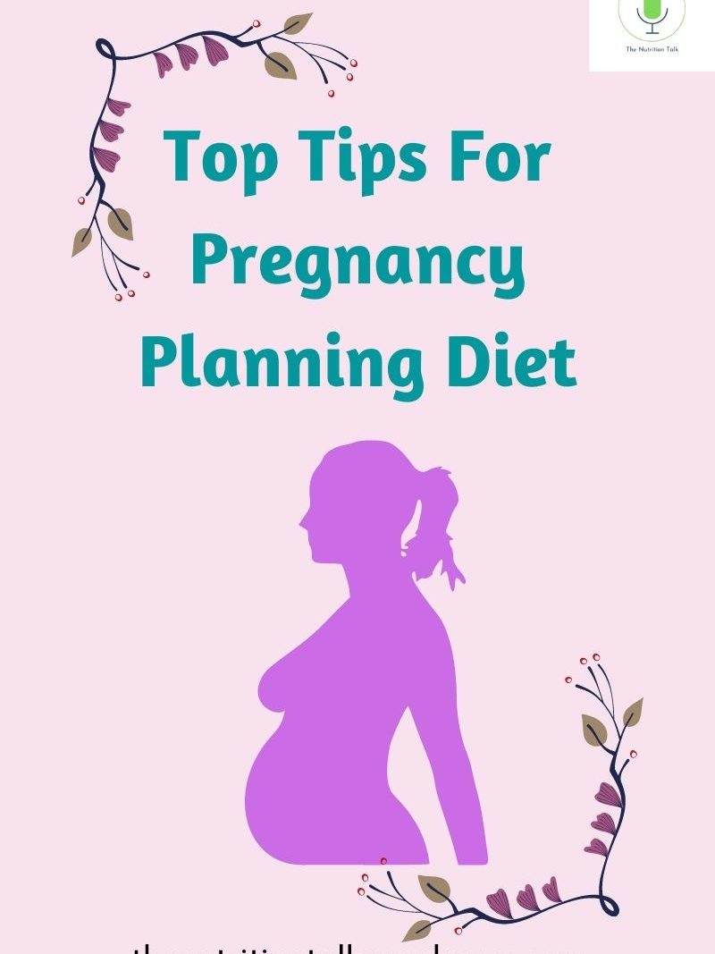 An illustration featuring a silhouette of a pregnant woman with floral accents, accompanied by the text 'Top Tips For Pregnancy Planning Diet' on a pastel pink background.