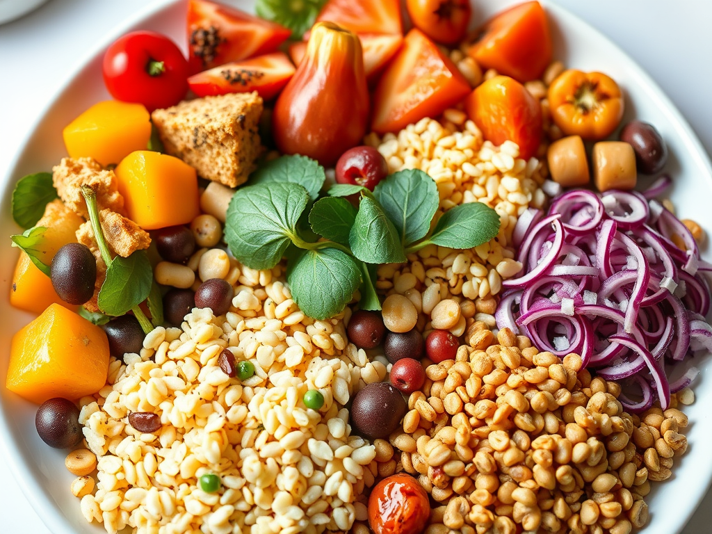 A colorful and nutritious plant-based meal featuring a variety of vegetables, legumes, and grains, including sliced tomatoes, yellow squash, and mixed seeds.