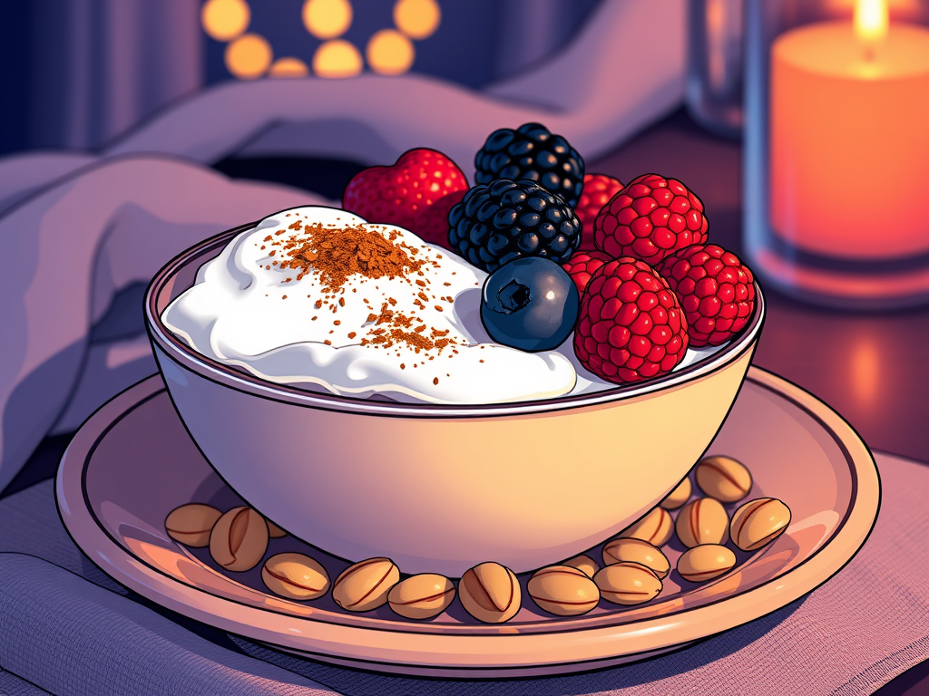 A bowl of Greek yogurt topped with mixed berries and a sprinkle of cinnamon, placed on a plate with pistachios, surrounded by a cozy evening atmosphere.